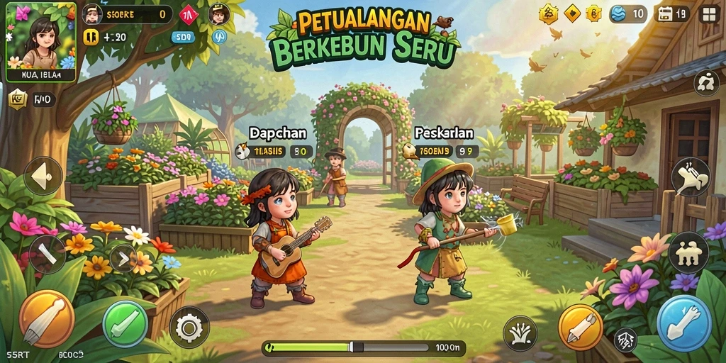 Tampilan gameplay 55RT dengan kebun yang indah dan tanaman subur.
