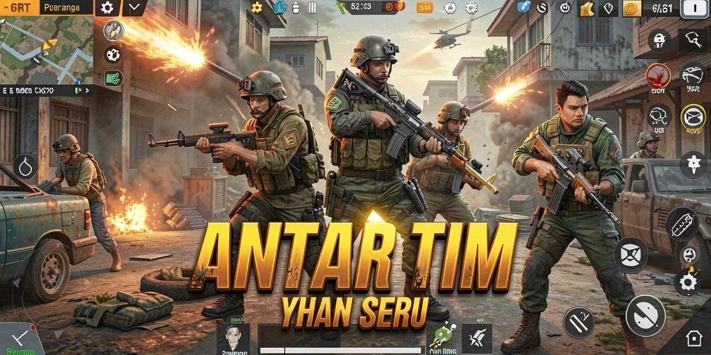Screenshot permainan 6RT menampilkan aksi pertempuran epik antar tim.