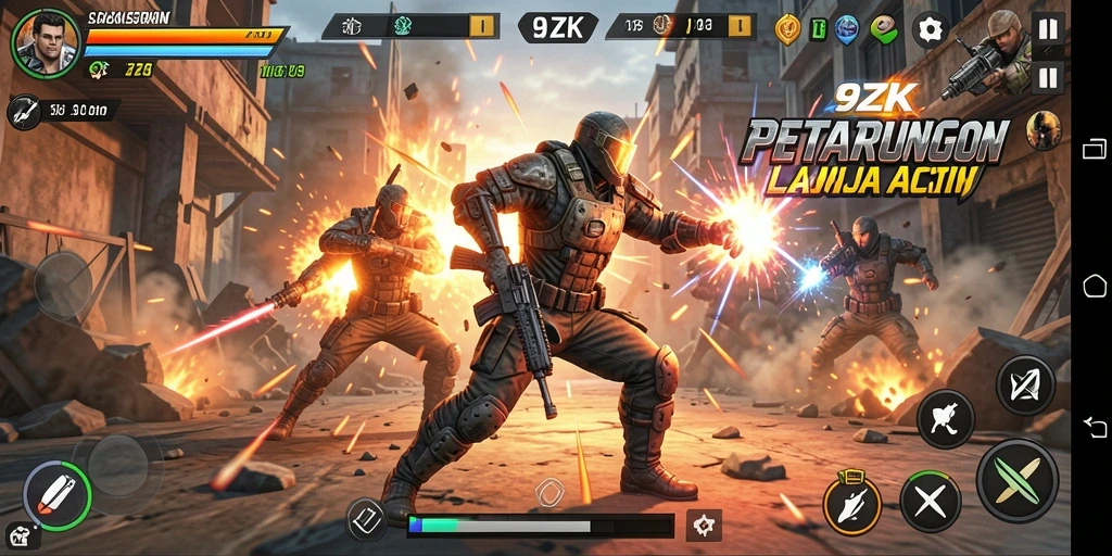 Screenshot gameplay <strong>9ZK</strong> menampilkan pertarungan intens antara karakter heroik.