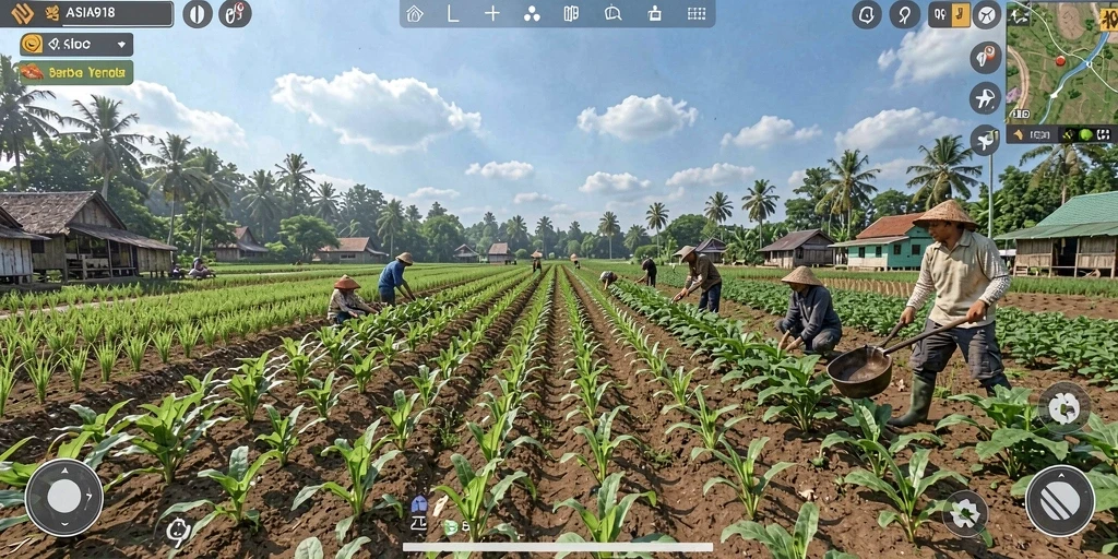 Tampilan dinamis gameplay ASIA918 saat bertani dan berinteraksi.
