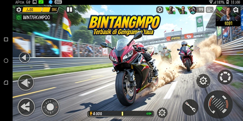 Tampilan gameplay seru dan menegangkan dari BINTANGMPO saat balapan motor.