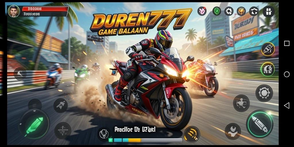 Screenshot gameplay DUREN777 menampilkan aksi balapan motor yang mendebarkan.