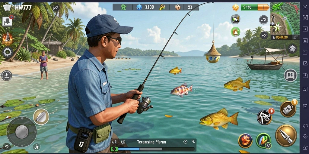 Gameplay HW777 yang menampilkan momen menangkap ikan dengan penuh keseruan.