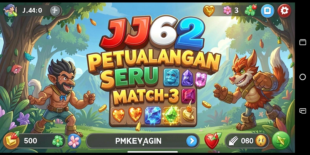 Screenshot gameplay <strong>JJ62</strong> yang menampilkan serunya mencocokkan batu permata.