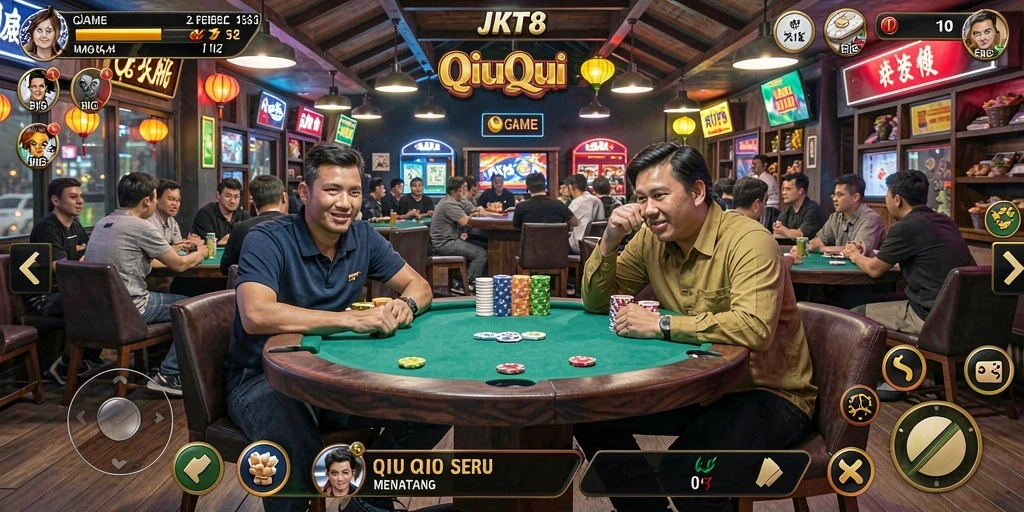 Tangkapan layar utama JKT8 menampilkan gameplay QiuQiu yang seru.