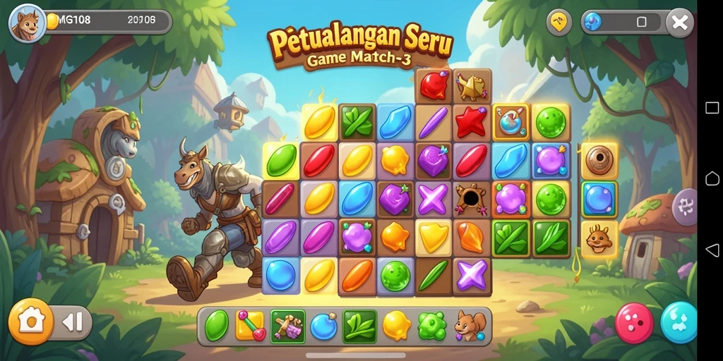 Screenshot gameplay MG108 menampilkan tantangan match-3 yang seru.