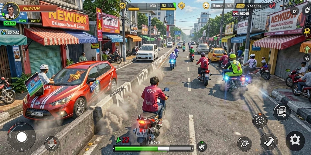 Gameplay mendebarkan di NEWIDN dengan kendaraan balap yang beraksi.