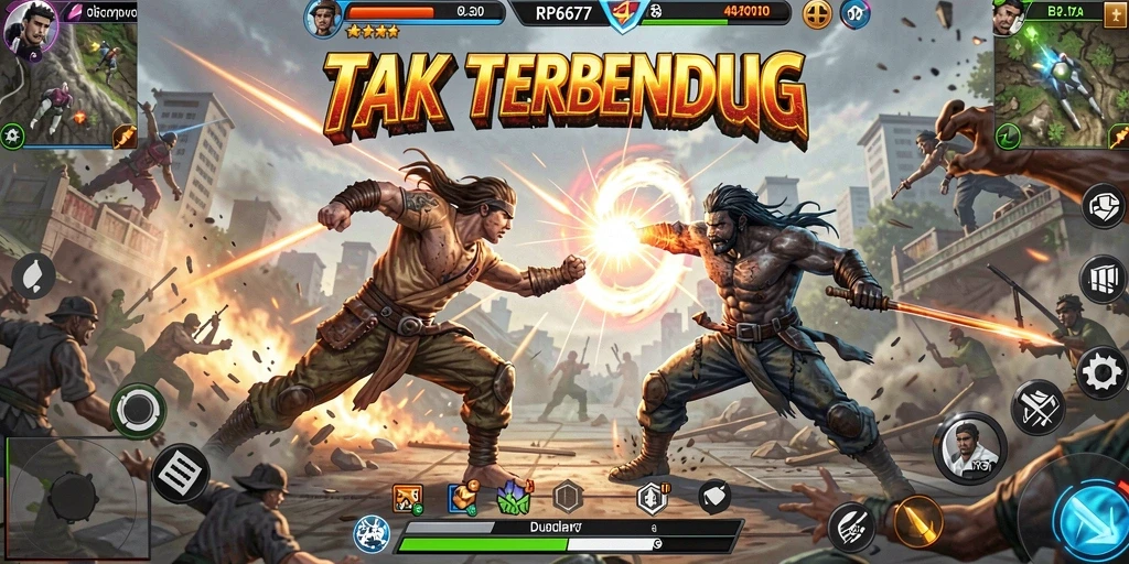Screenshot utama RP6677 menunjukkan pertempuran mendebarkan dengan karakter yang keren.