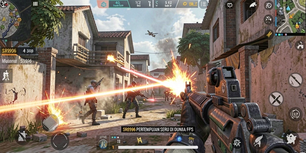 Screenshot SR996 menunjukkan aksi intens dalam pertempuran FPS.