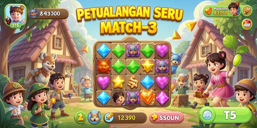 Screenshot menunjukkan gameplay seru di T6, dengan permata berwarna-warni.